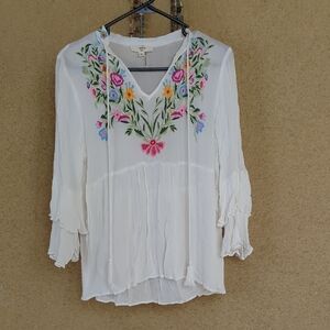 Entro White Blouse with Floral Embroidery